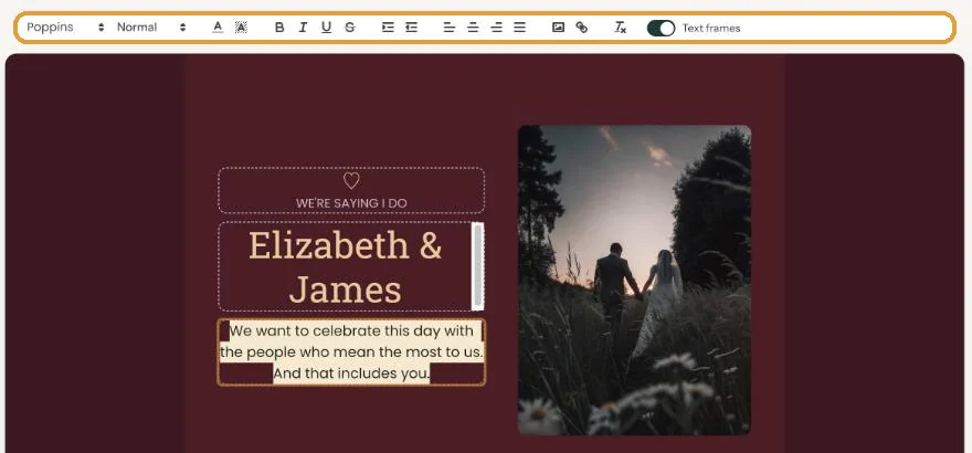 The text bar above the card with font, font size, colour and the bold and italic buttons