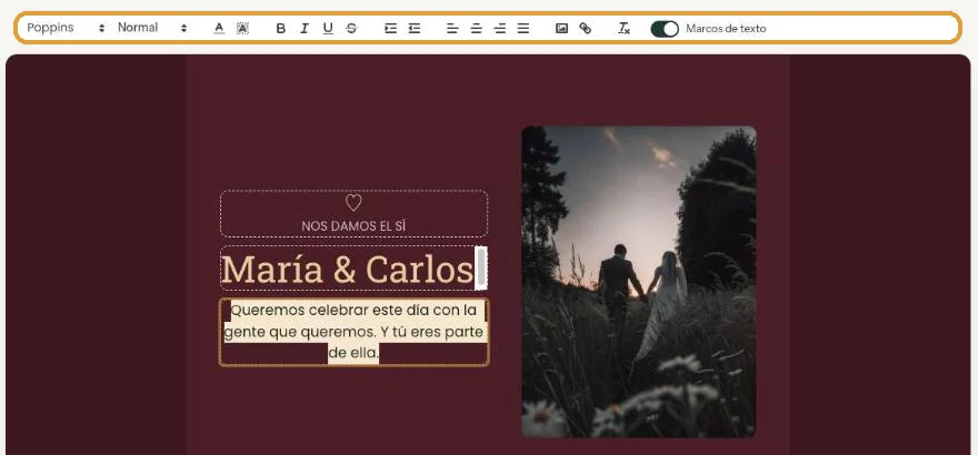 La barra de texto con el botón de negrita y el menú Tamaño de letra