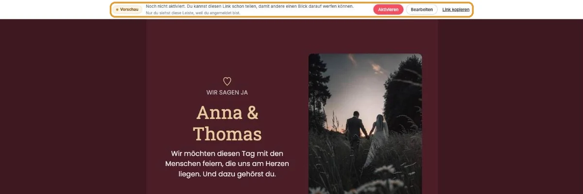 Eine Einladung mit der Leiste Vorschau oben, noch nicht aktiviert