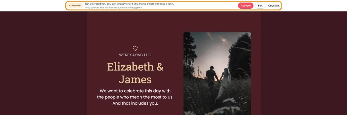The Preview bar above the invitation with the Activate, Edit and Copy link buttons