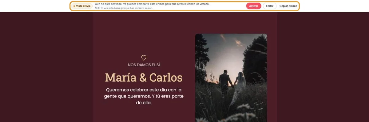 La barra Vista previa sobre la invitación con los botones Activar, Editar y Copiar enlace