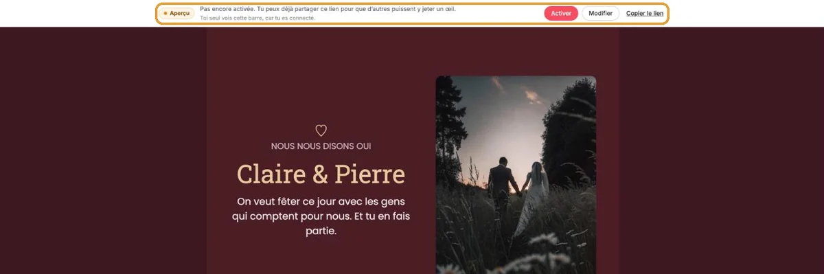 La barre Aperçu au-dessus de l&rsquo;invitation avec les boutons Activer, Modifier et Copier le lien