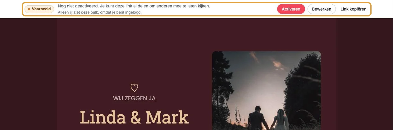 De balk Voorbeeld boven de uitnodiging met de knoppen Activeren, Bewerken en Link kopiëren