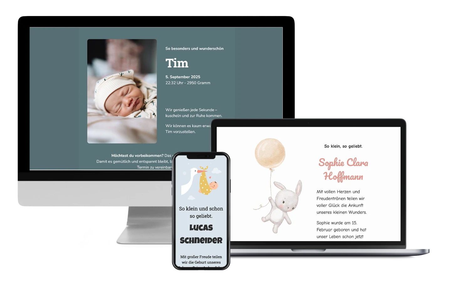 Beispiel einer digitalen Geburtskarte mit RSVP und Kalender