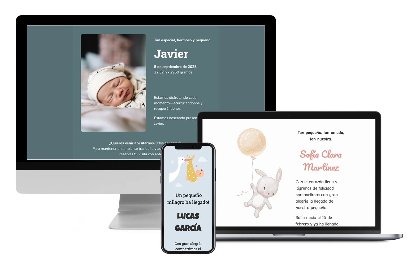 Ejemplo de una tarjeta de nacimiento online con RSVP y calendario