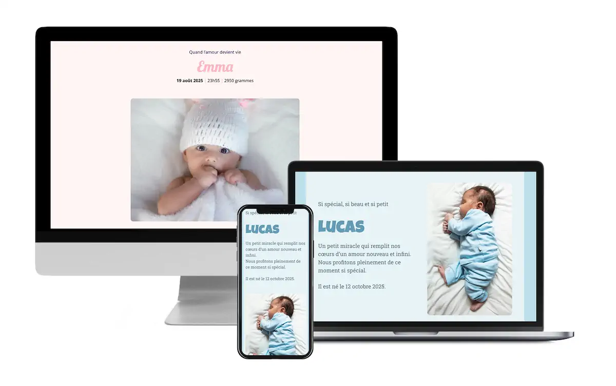 Exemple d'un faire-part de naissance en ligne avec RSVP et agenda