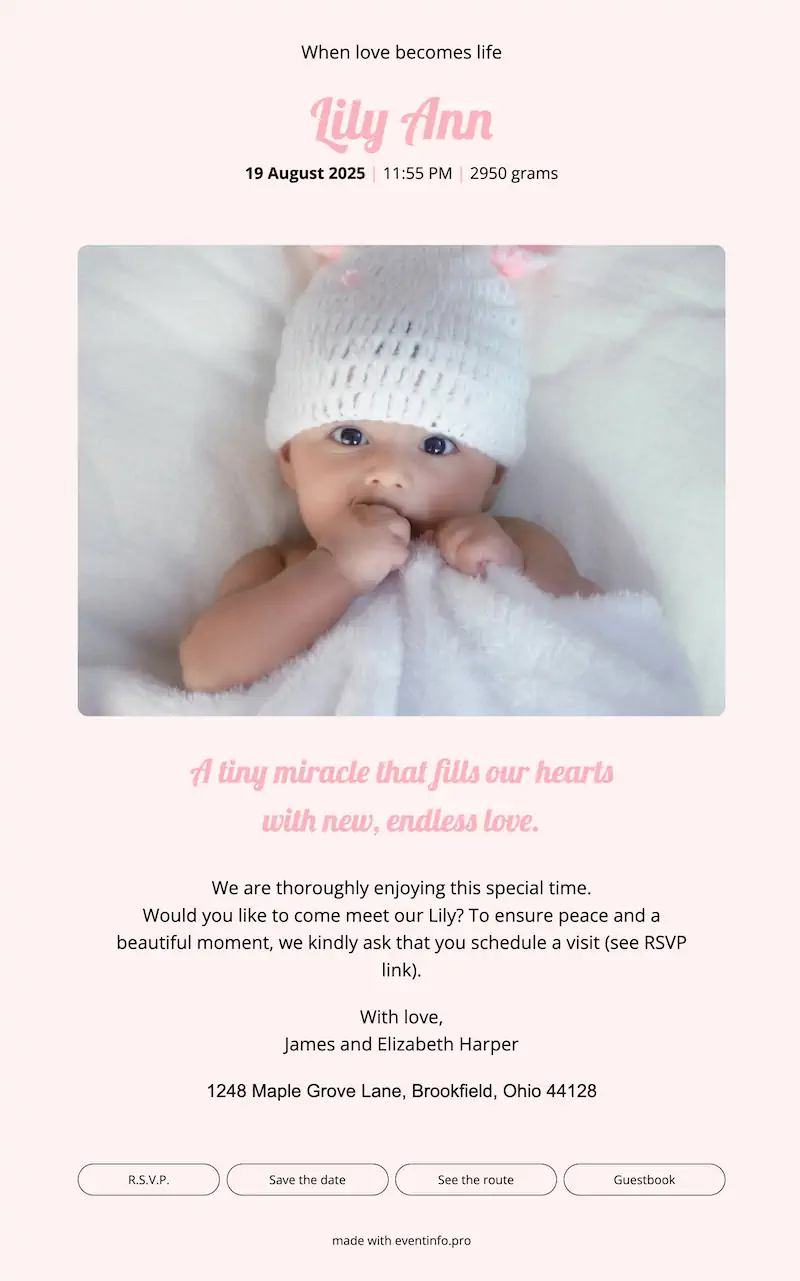 Online birth announcement example 1