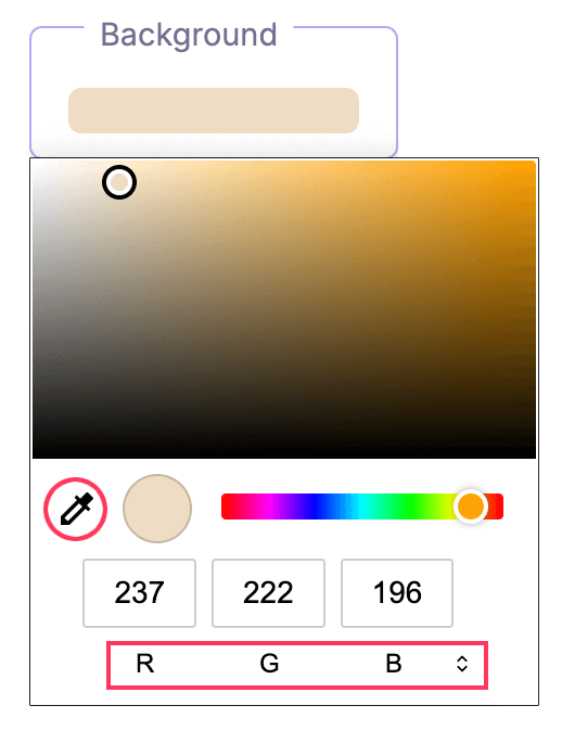 Farbwähler mit Pipette, Vorschau-Kreis, Regenbogen-Slider und Eingabefelder für RGB / HSL / Hex