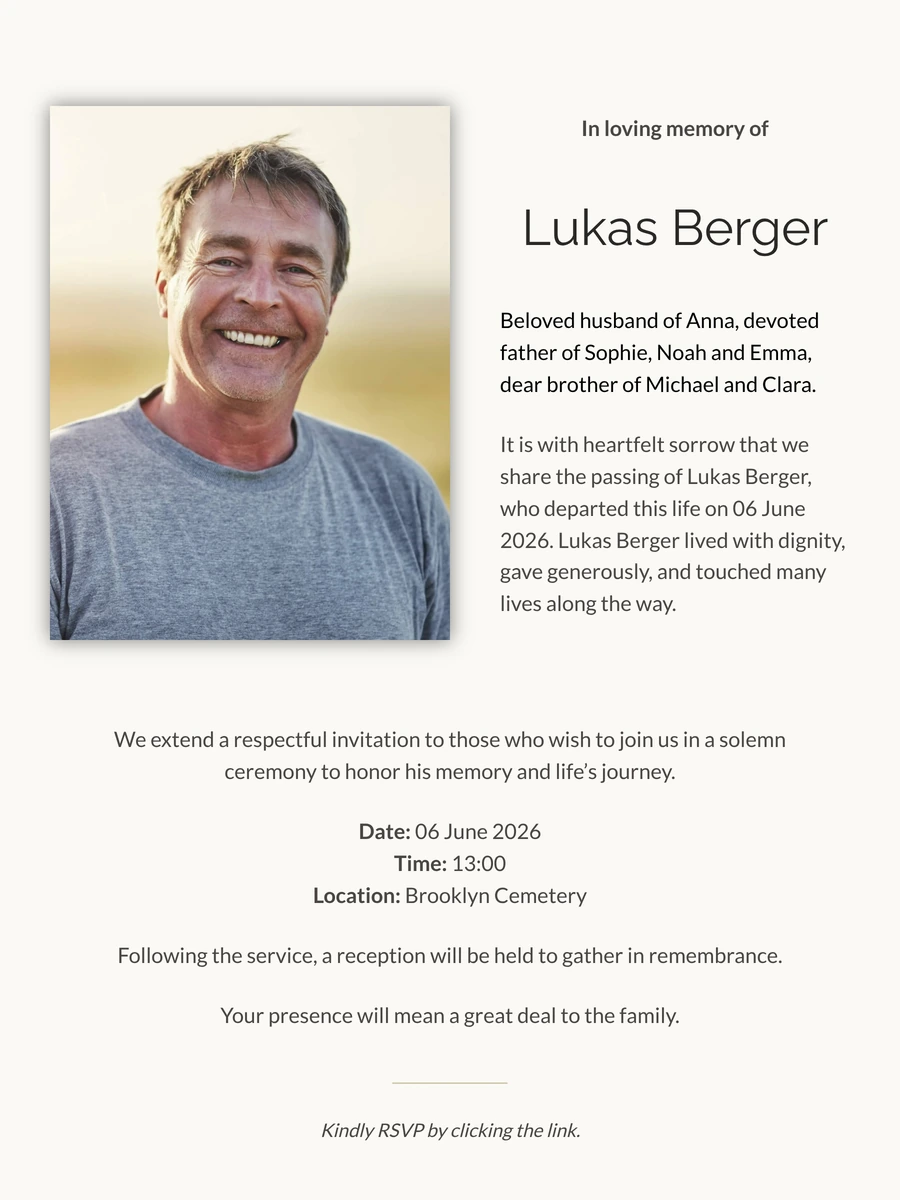 Warm online funeral card for an intimate farewell