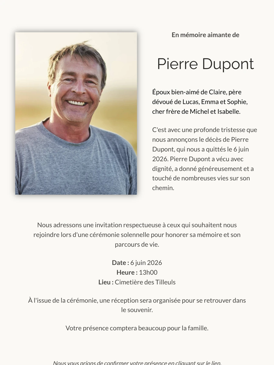 Faire-part de d&eacute;c&egrave;s chaleureux pour un adieu intime