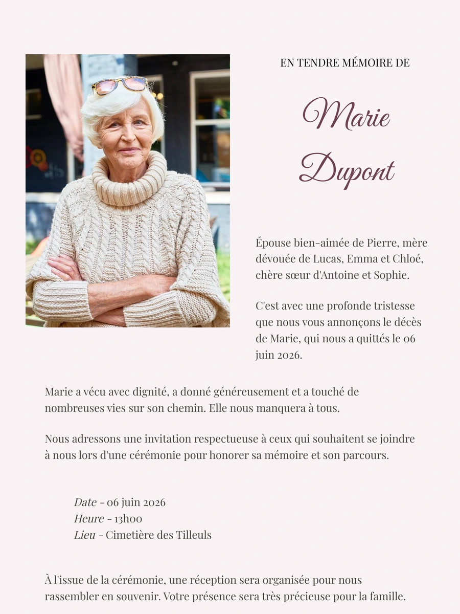 Faire-part de d&eacute;c&egrave;s d&eacute;licat pour un hommage personnel
