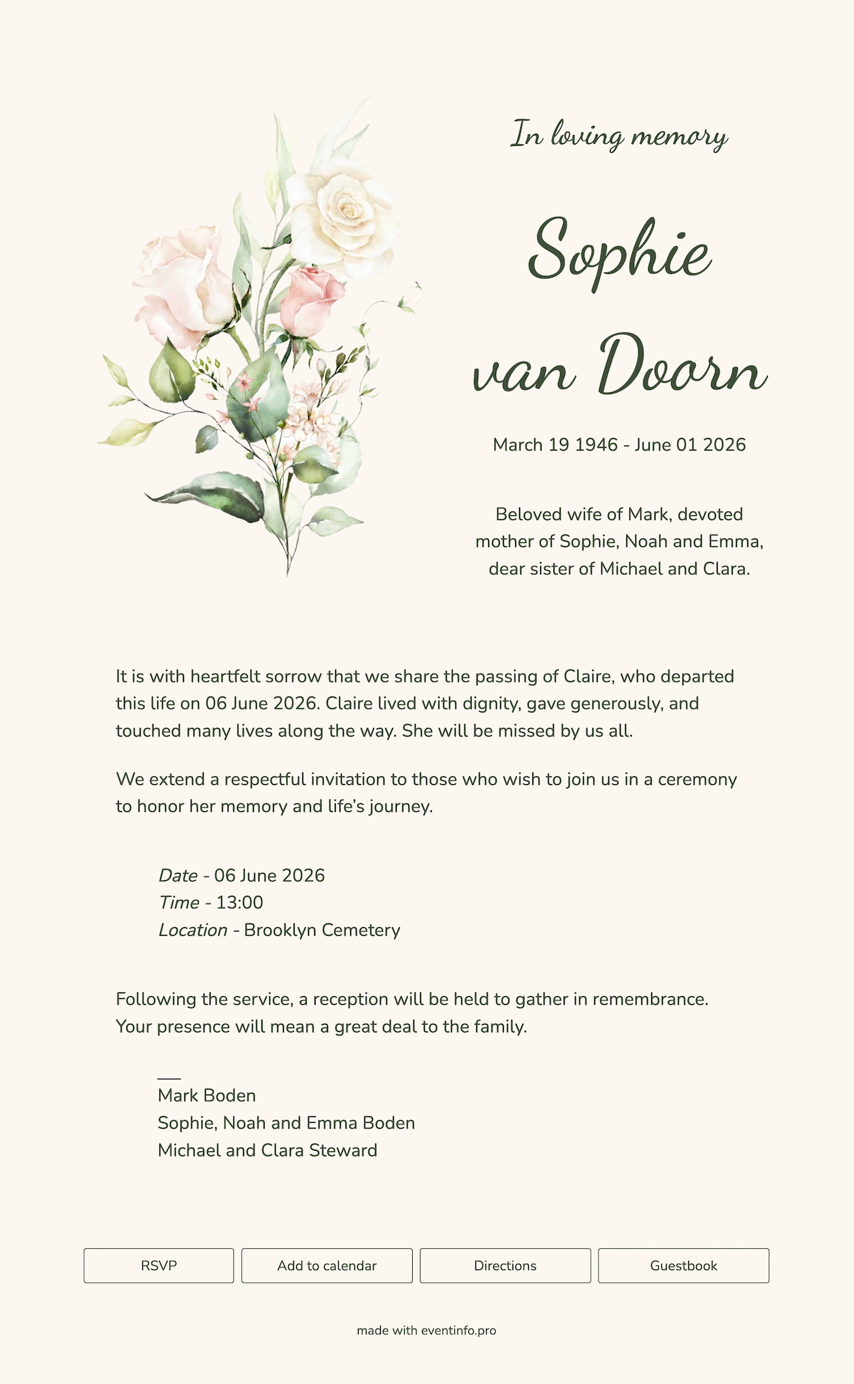 Elegant cream online funeral card