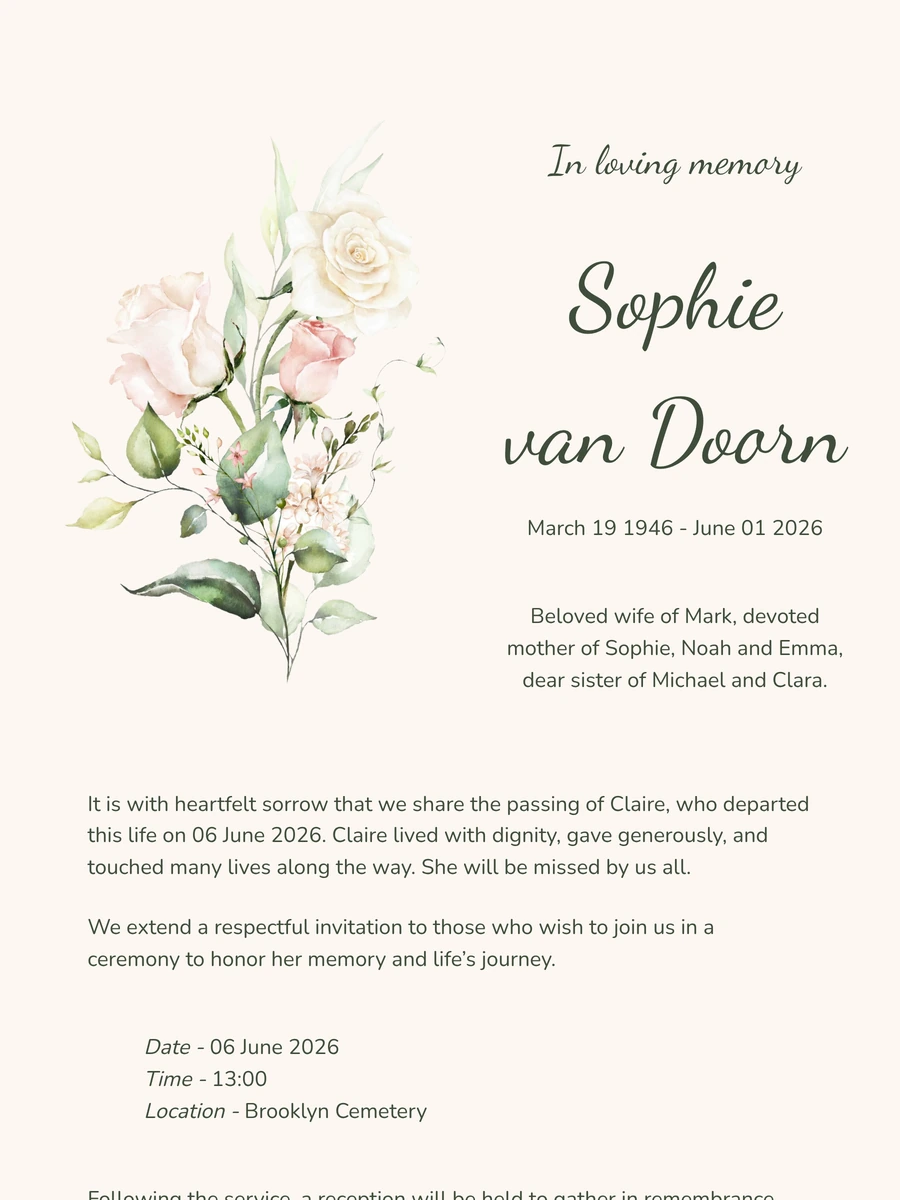 Calm online funeral card with calligraphic lettering
