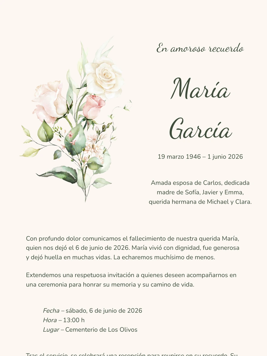 Esquela online serena con el nombre en caligrafía