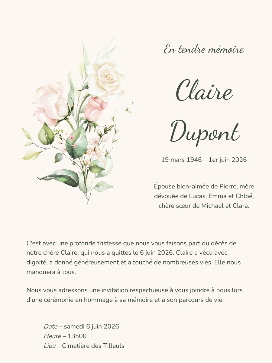 Faire-part de d&eacute;c&egrave;s paisible avec calligraphie