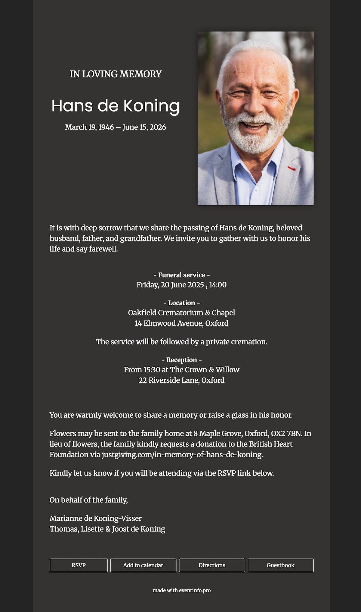 Sober dark online funeral announcement