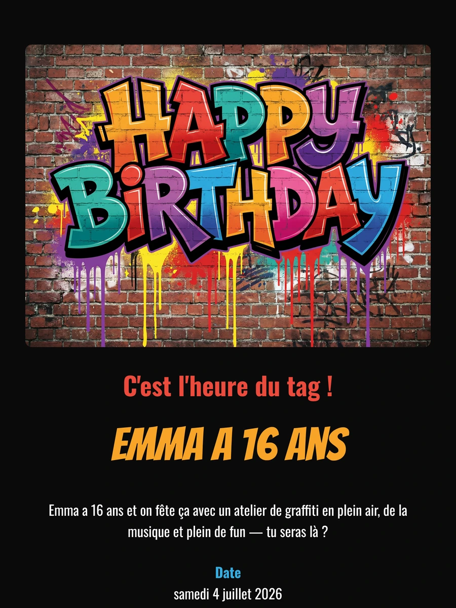Invitation num&eacute;rique audacieuse pour un anniversaire d&rsquo;ado
