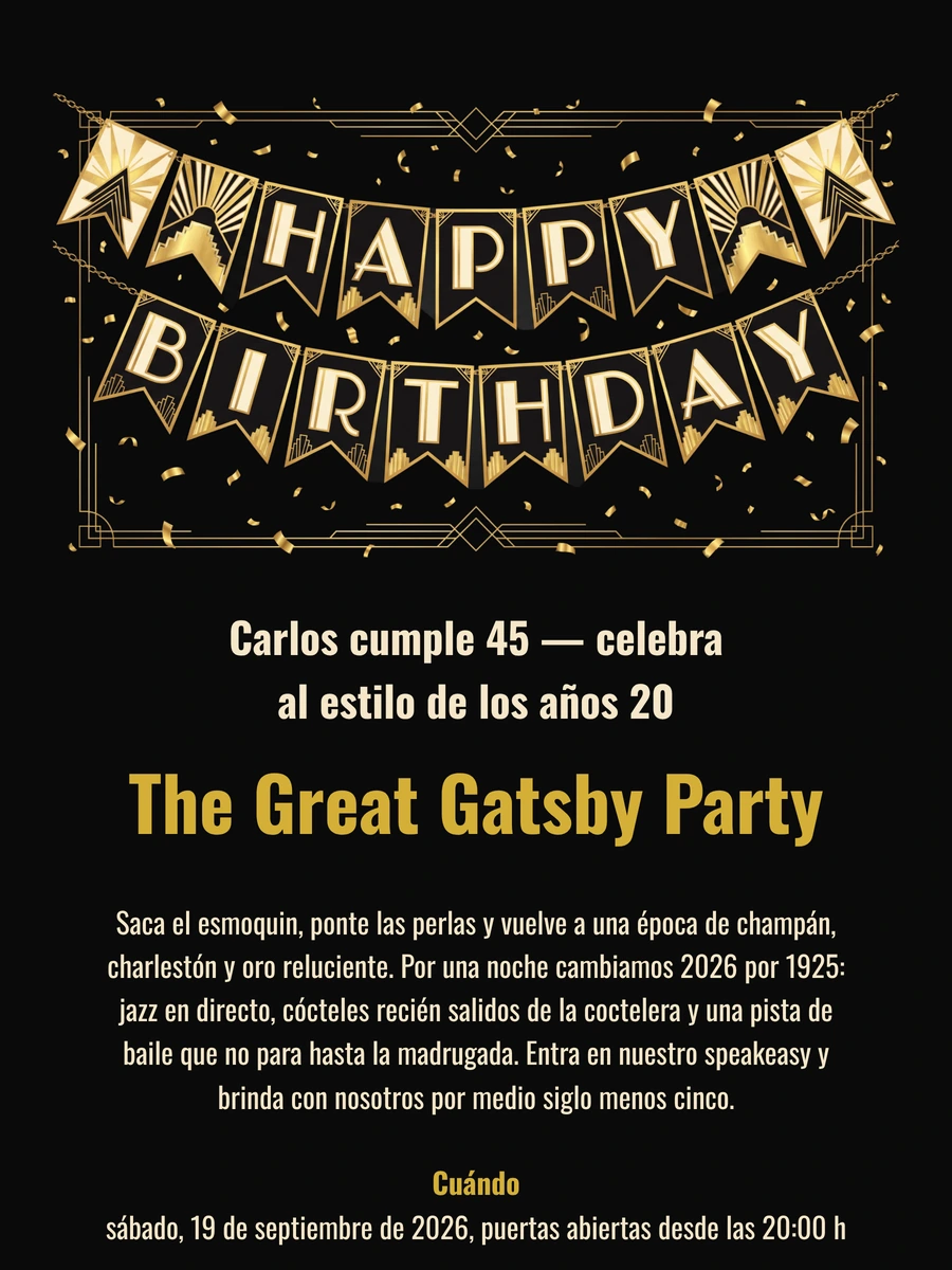 Invitaci&oacute;n digital con glamour para una fiesta tem&aacute;tica