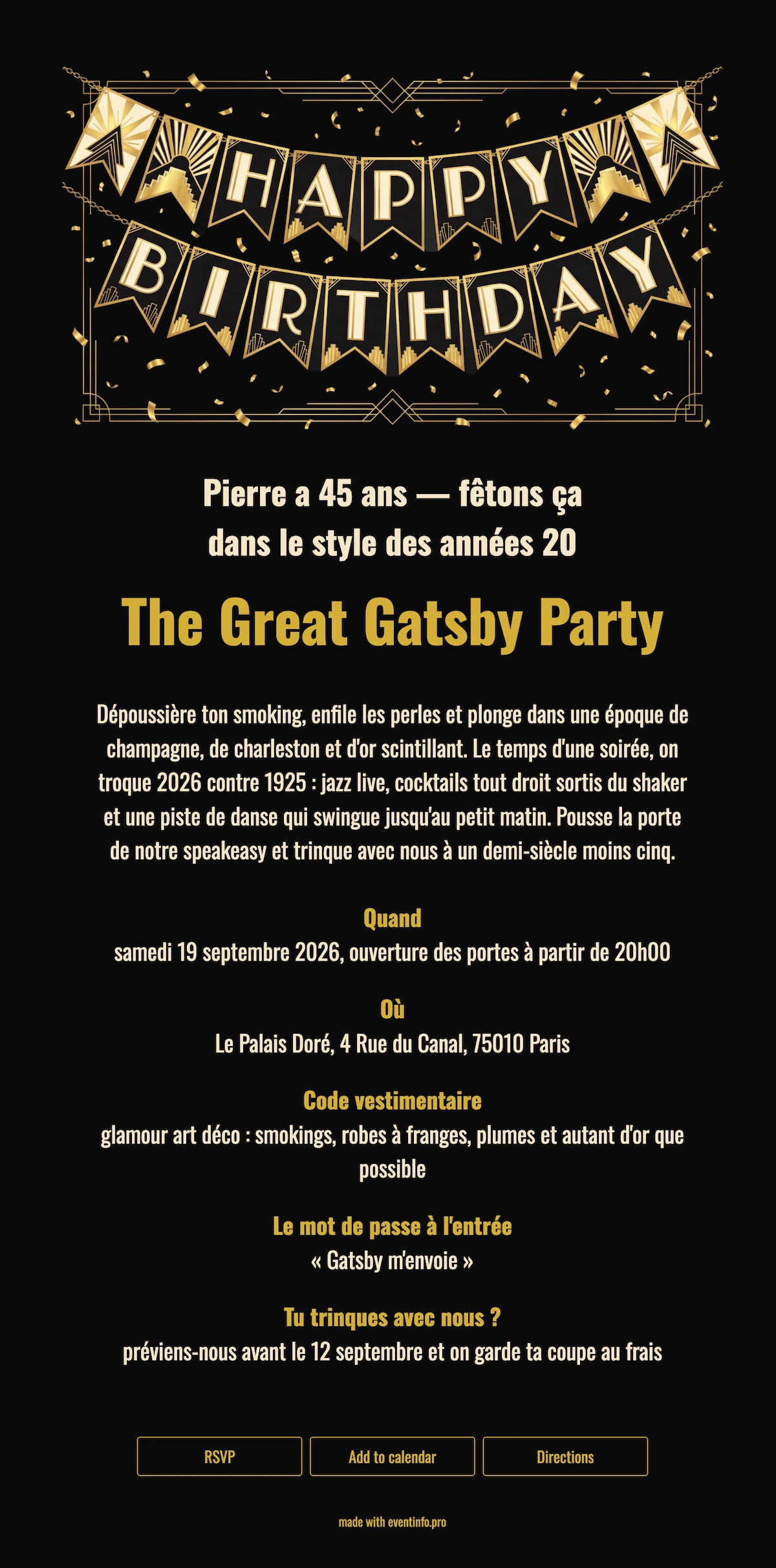 Envoyez une invitation de f&ecirc;te Art D&eacute;co dor&eacute;e