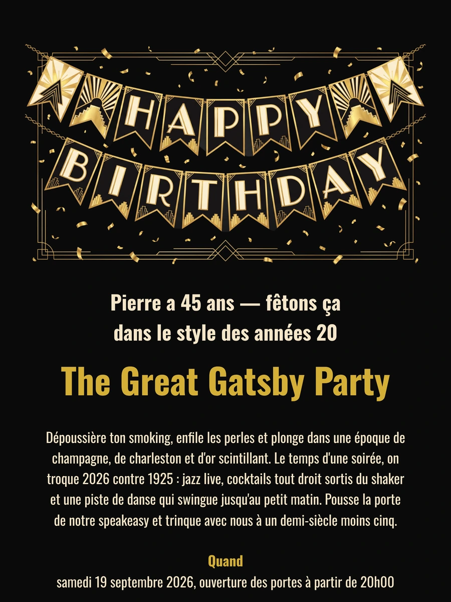 Invitation num&eacute;rique glamour pour une soir&eacute;e habill&eacute;e
