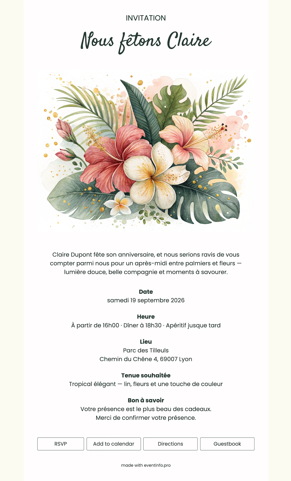 Envoyez une invitation de f&ecirc;te vert tropical