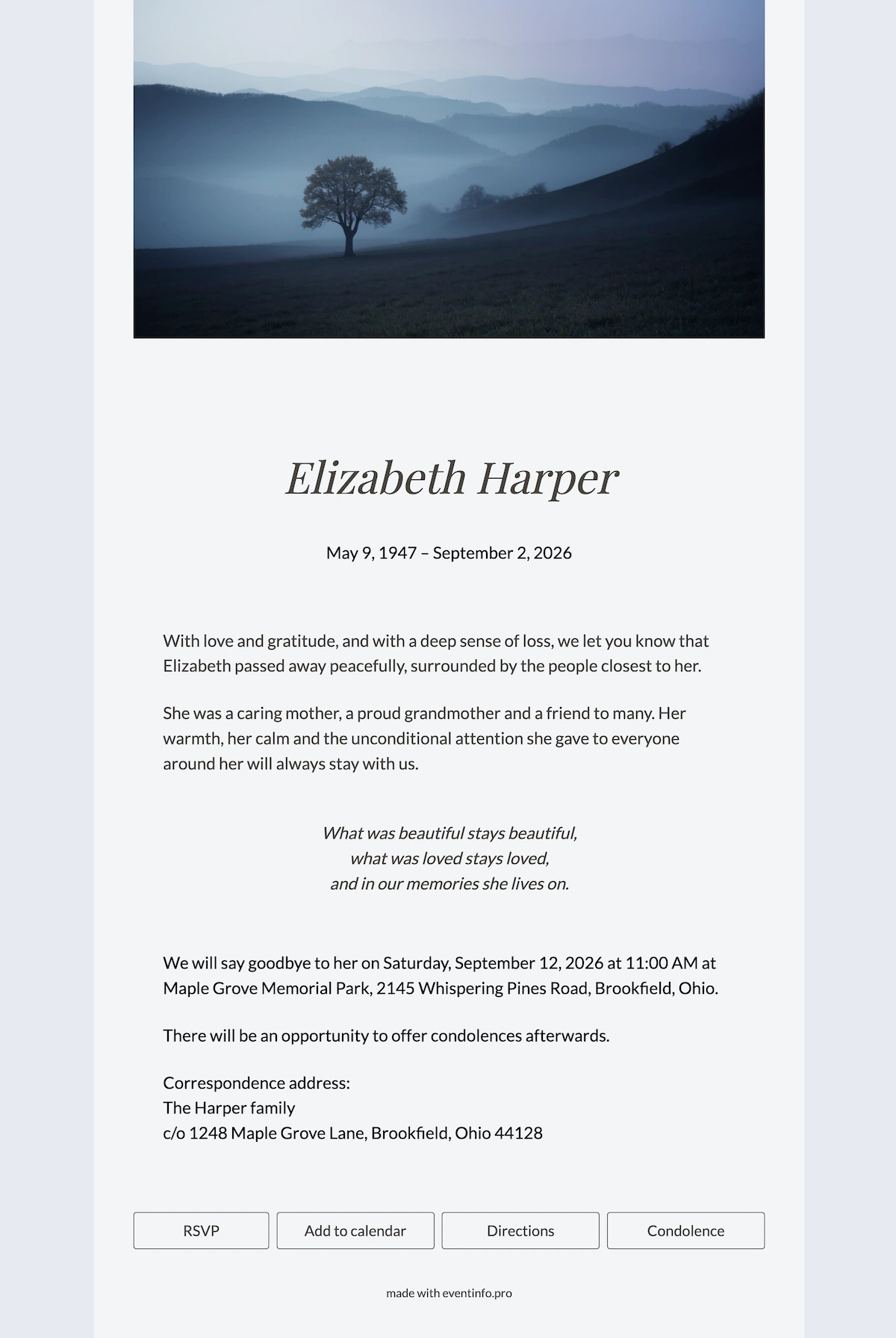 Send a soft blue online funeral card &ndash; example 1