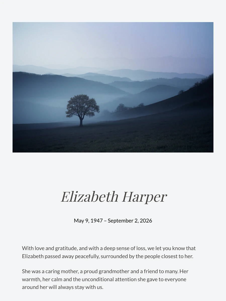 Blue-grey online funeral card with an italic name