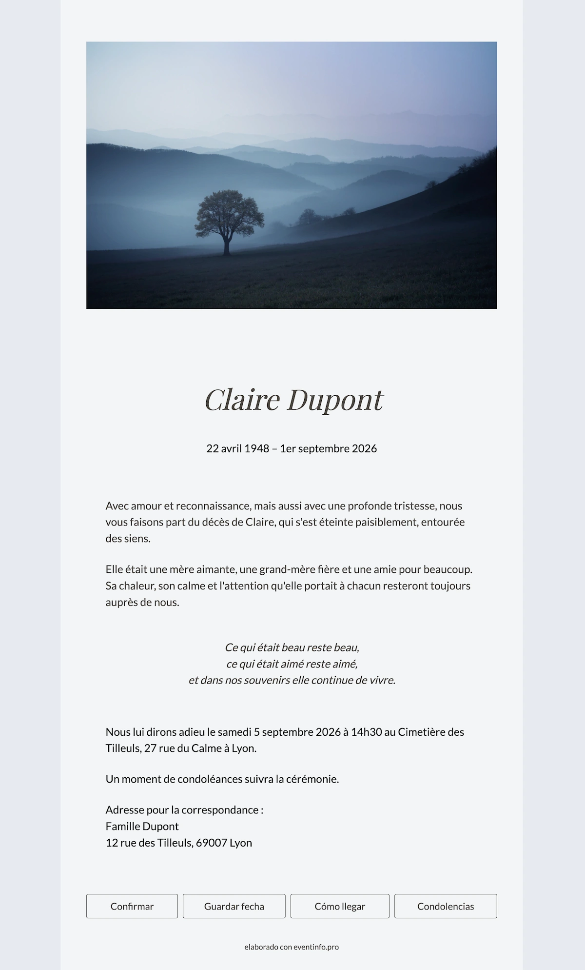 Cr&eacute;ez un faire-part de d&eacute;c&egrave;s bleu-gris &ndash; example 1