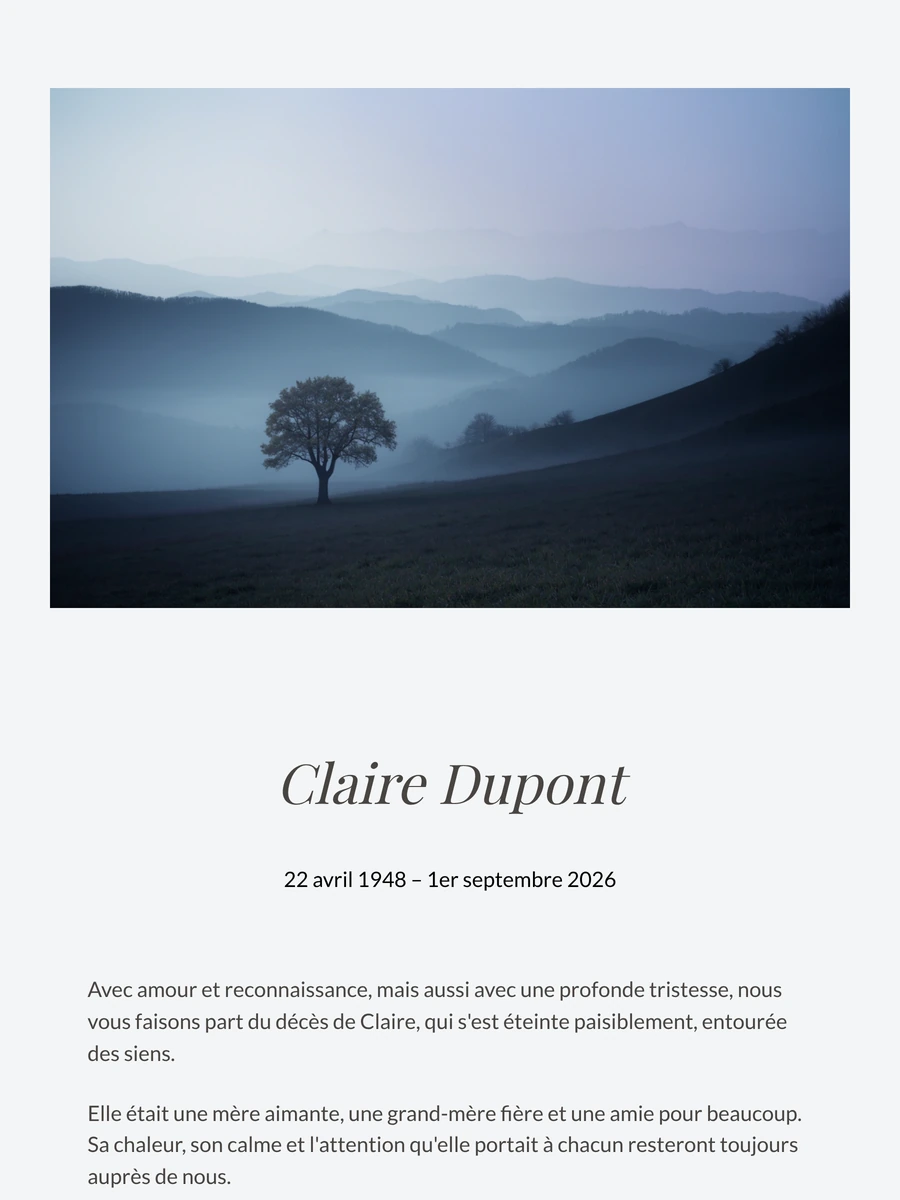 Faire-part de d&eacute;c&egrave;s bleu-gris au nom en italique