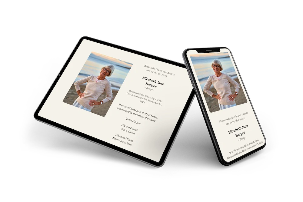 Cream and taupe online funeral card with serif lettering &ndash; example 2