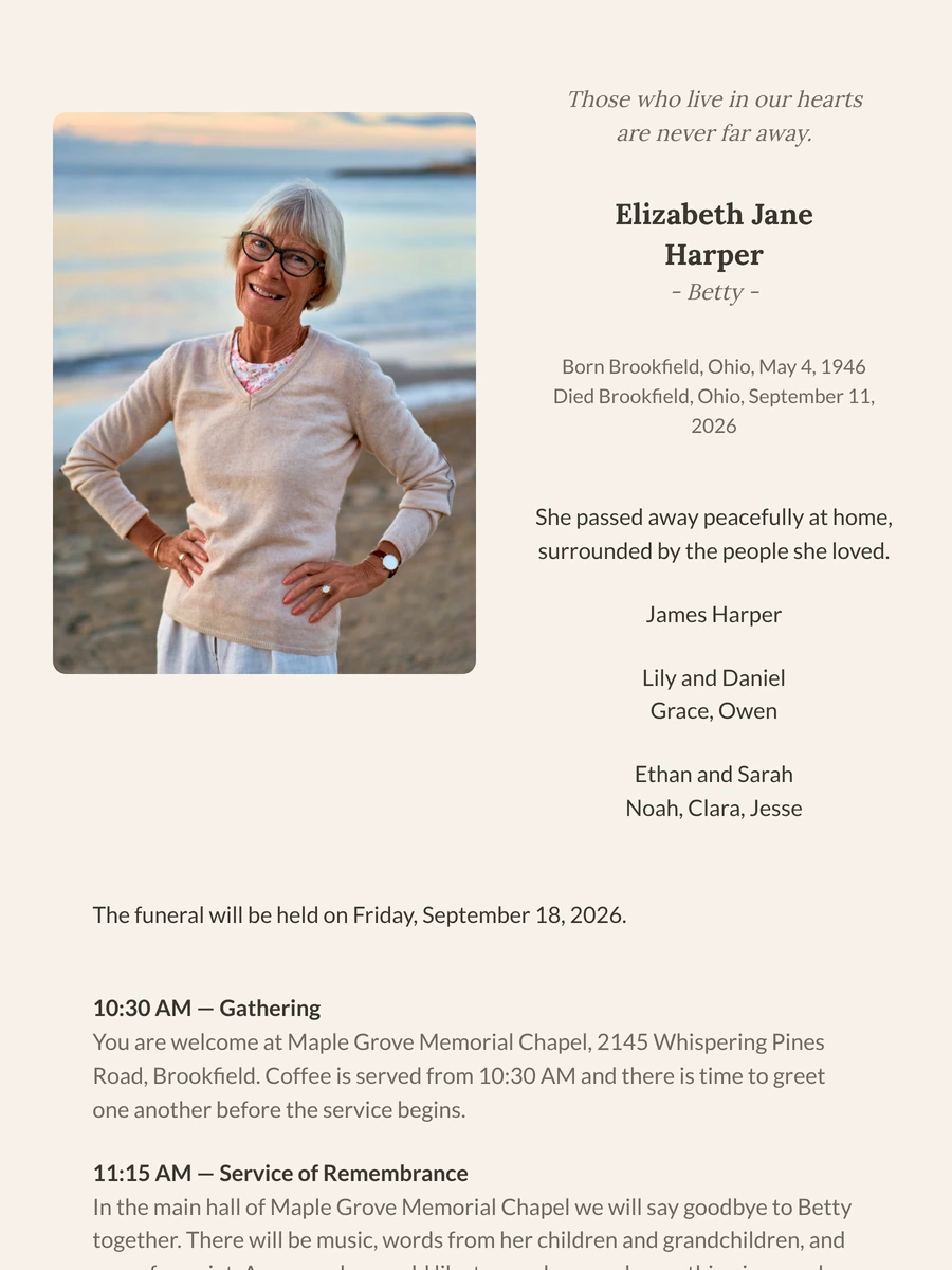 Cream and taupe online funeral card with serif lettering