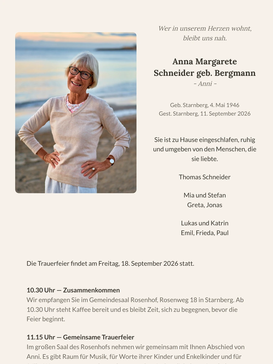 Digitale Trauerkarte in Creme und Taupe mit Serifenschrift