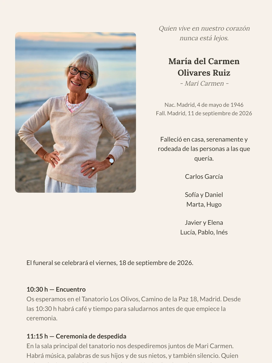 Esquela online en crema y taupe con letra serif