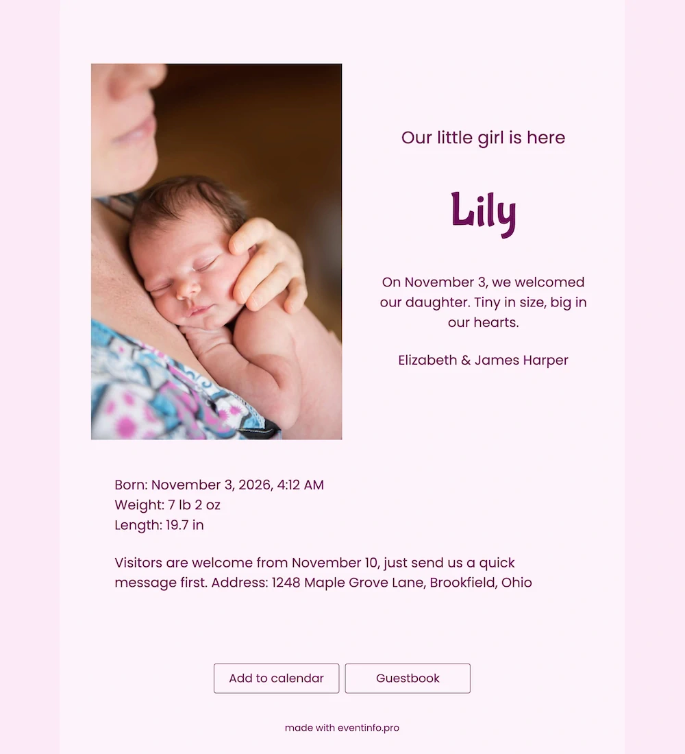 Magenta online birth card with rounded corners &ndash; example 1