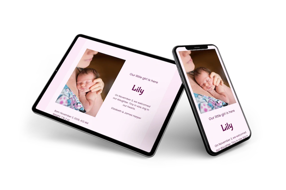 Magenta online birth card with rounded corners &ndash; example 2