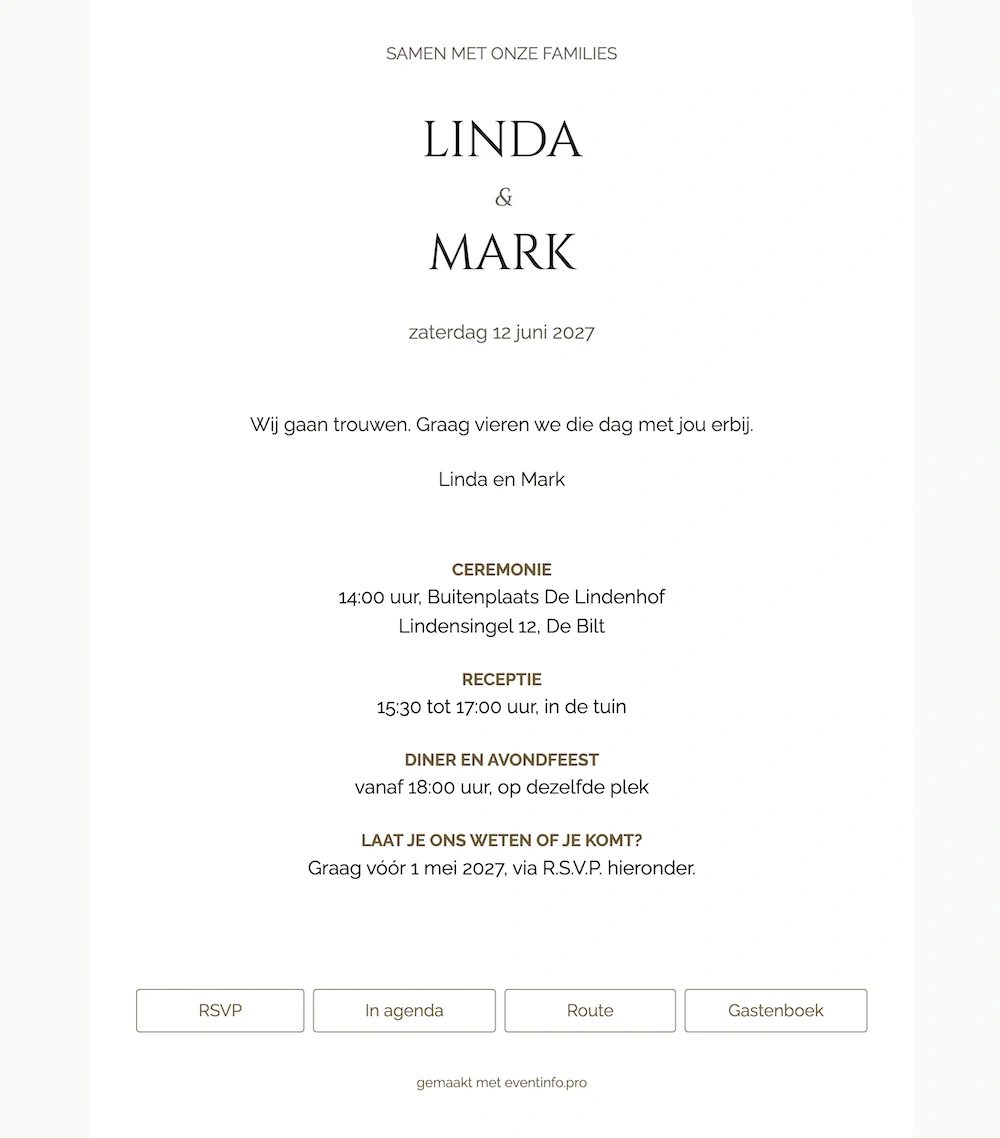 Minimalistische witte online trouwkaart &ndash; voorbeeld 1
