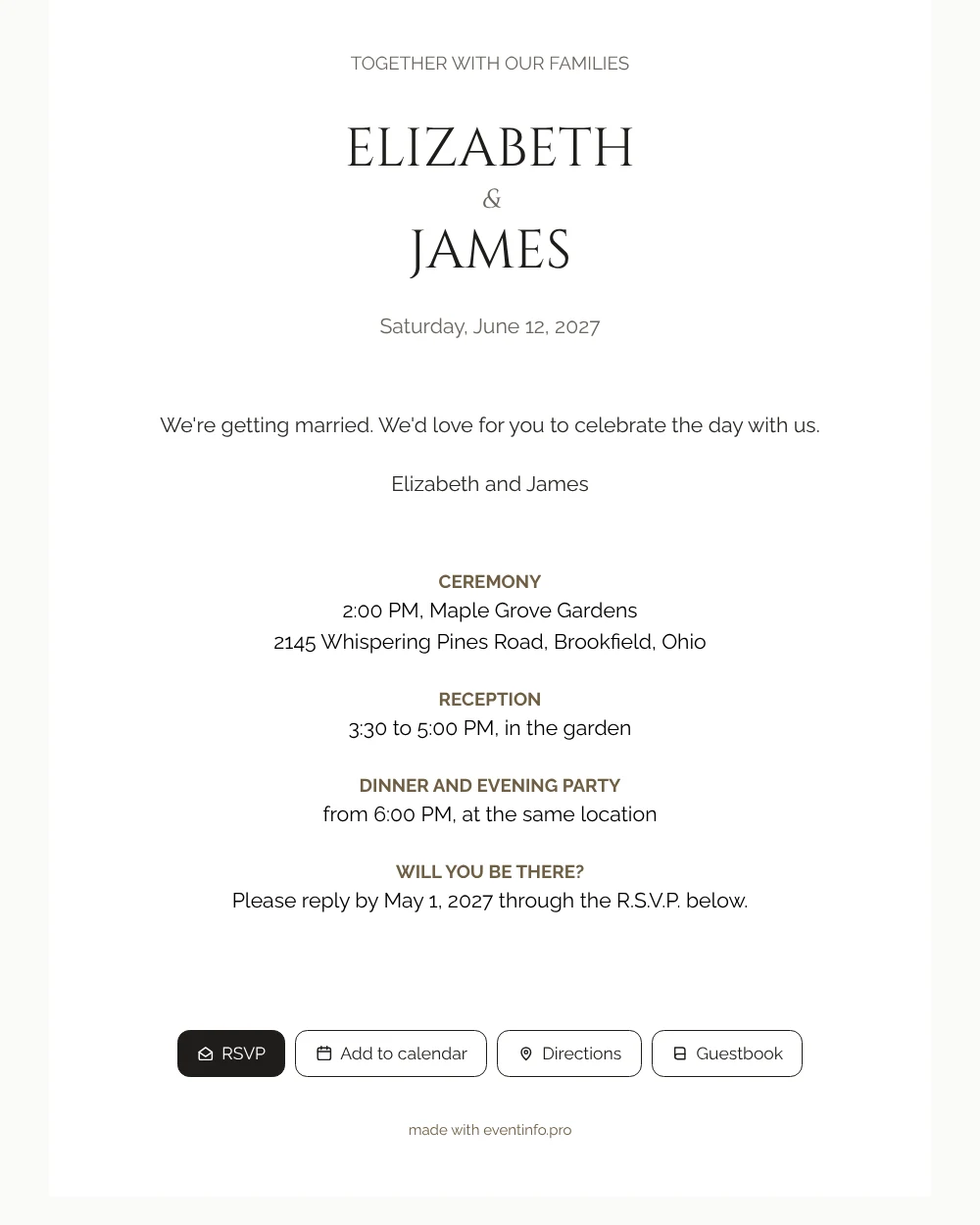 Minimal online wedding invitation in clean capitals &ndash; example 1