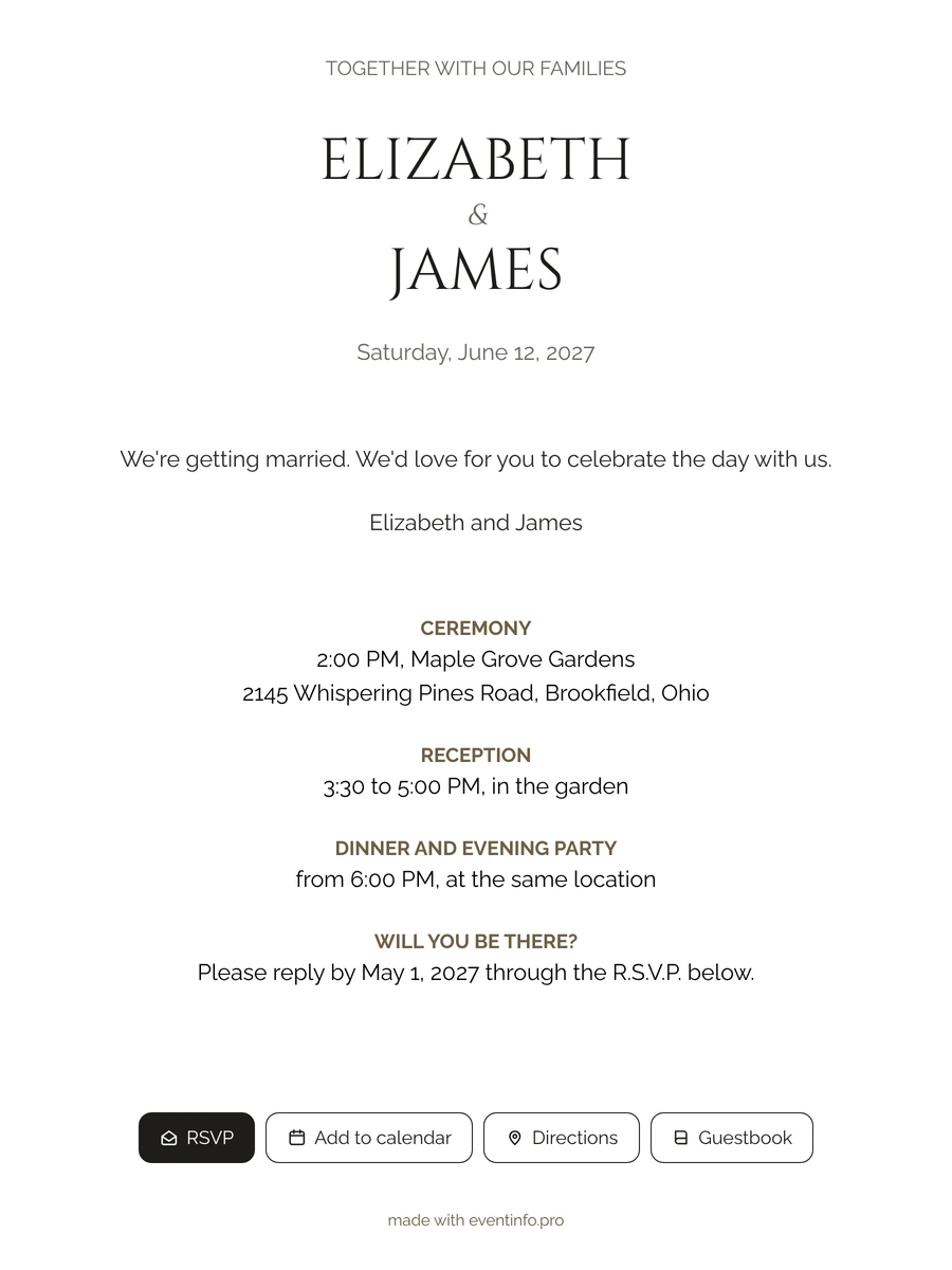 Minimal online wedding invitation in clean capitals