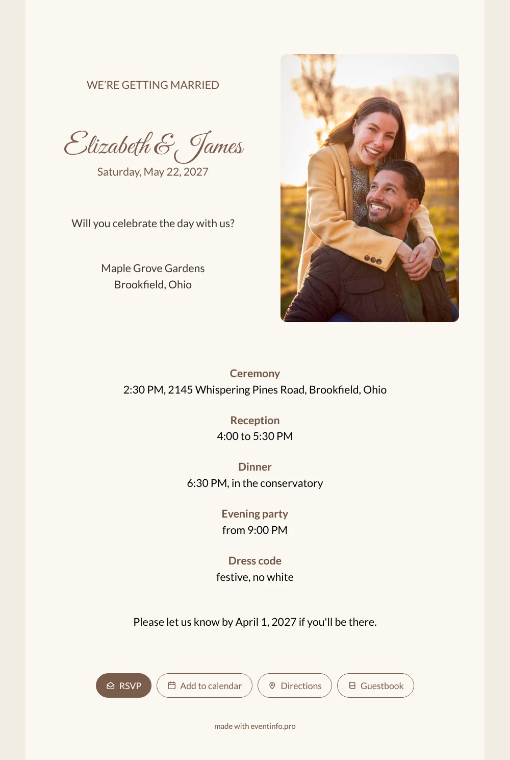 Sand-coloured online wedding invitation with calligraphy &ndash; example 1