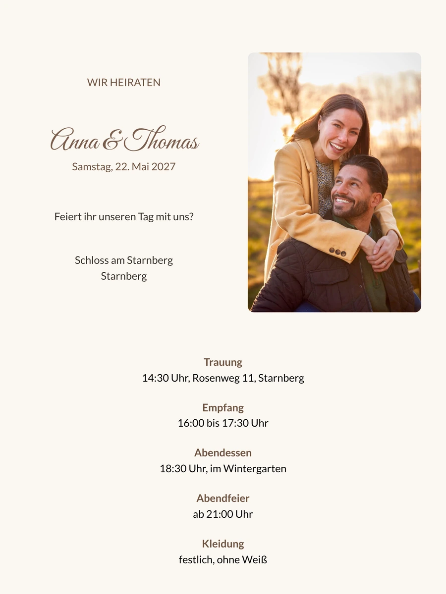 Sandfarbene digitale Hochzeitseinladung mit Kalligrafie