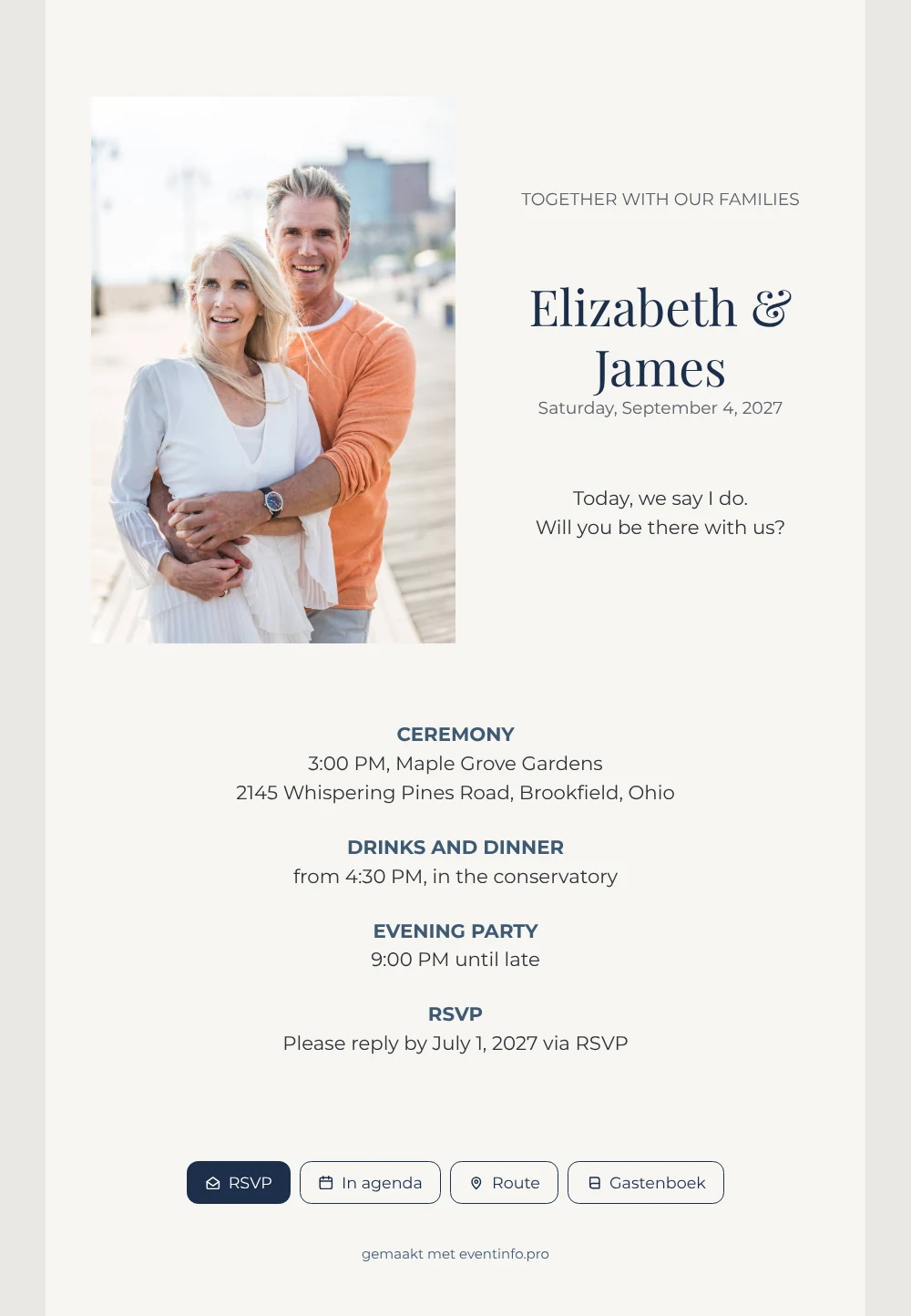 Navy online wedding invitation on a soft grey ground &ndash; example 1