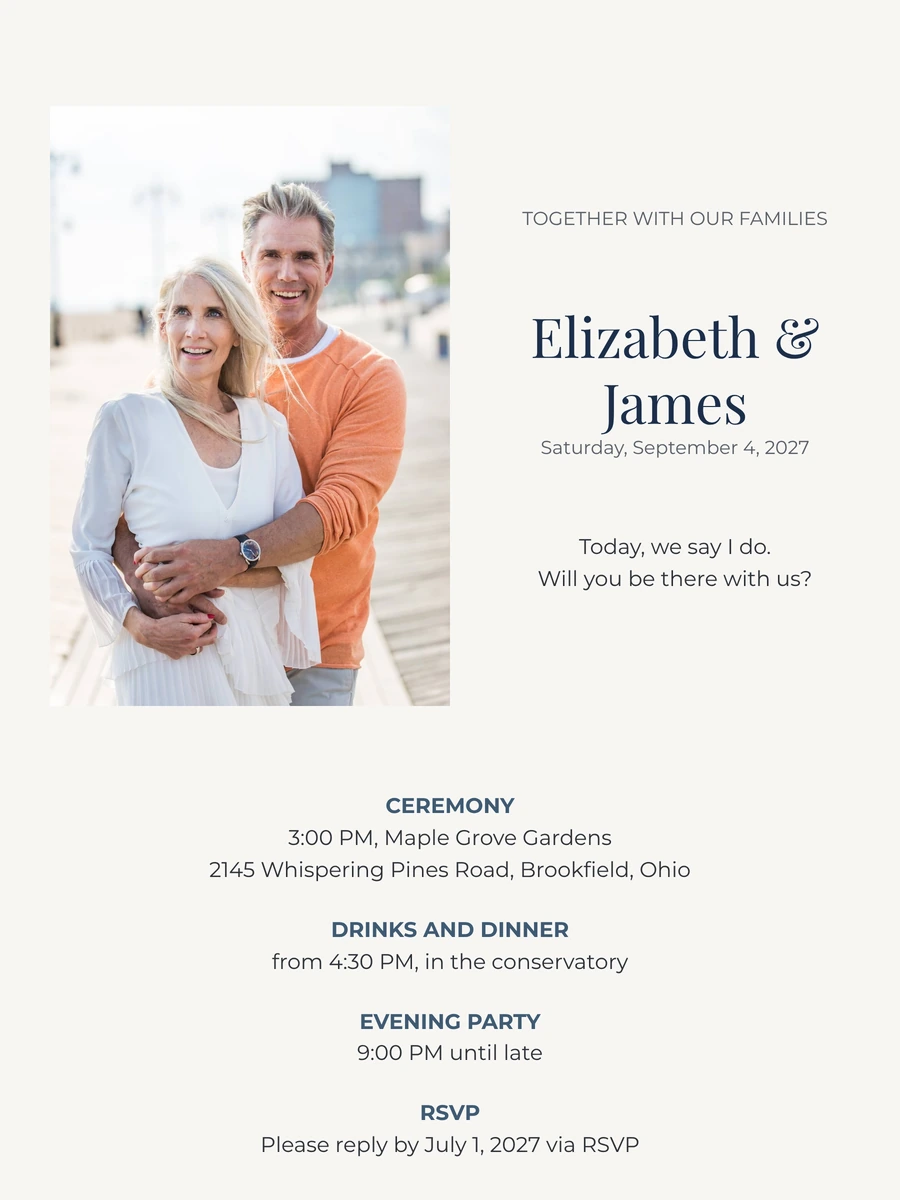 Navy online wedding invitation on a soft grey ground