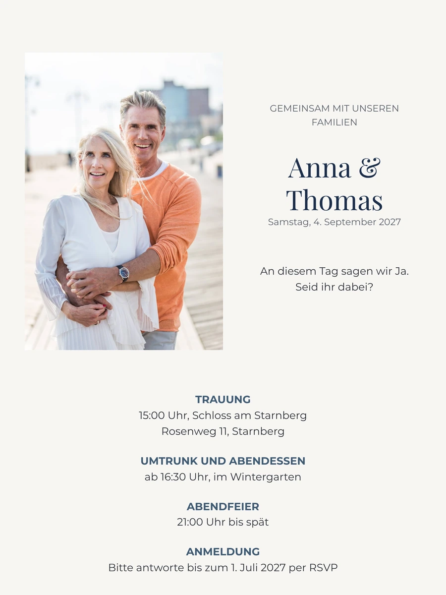 Marineblaue digitale Hochzeitseinladung auf hellem Grau