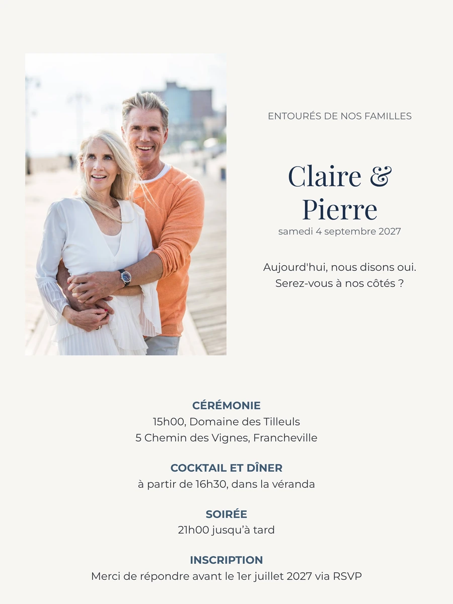 Faire-part de mariage bleu marine sur fond gris