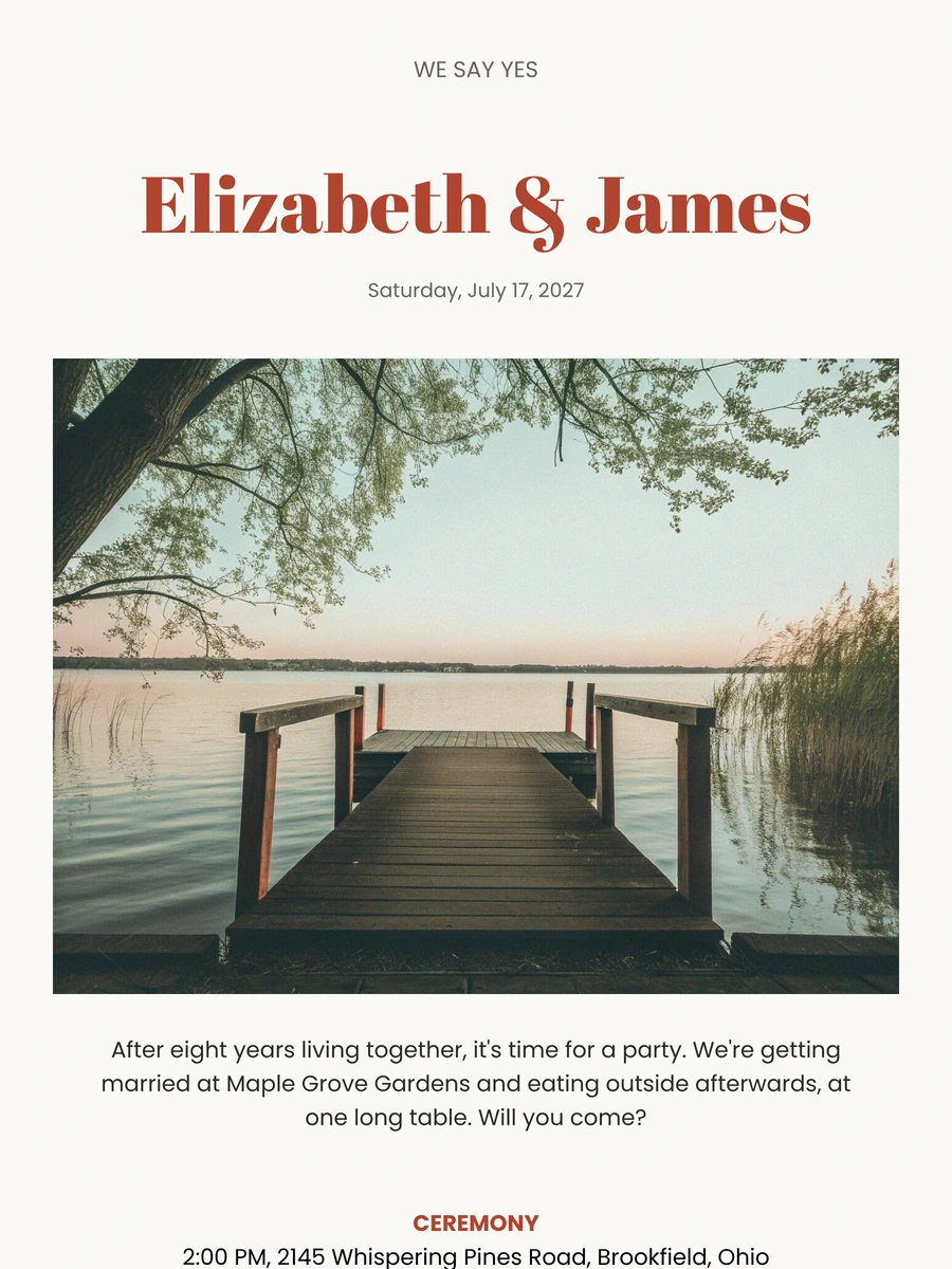 Brick red online wedding invitation in poster style