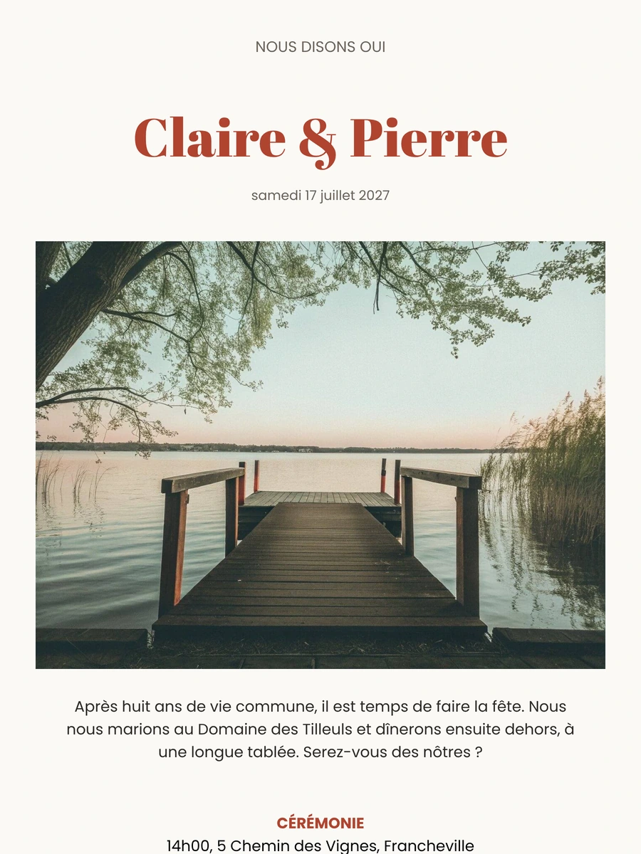 Faire-part de mariage rouge brique fa&ccedil;on affiche