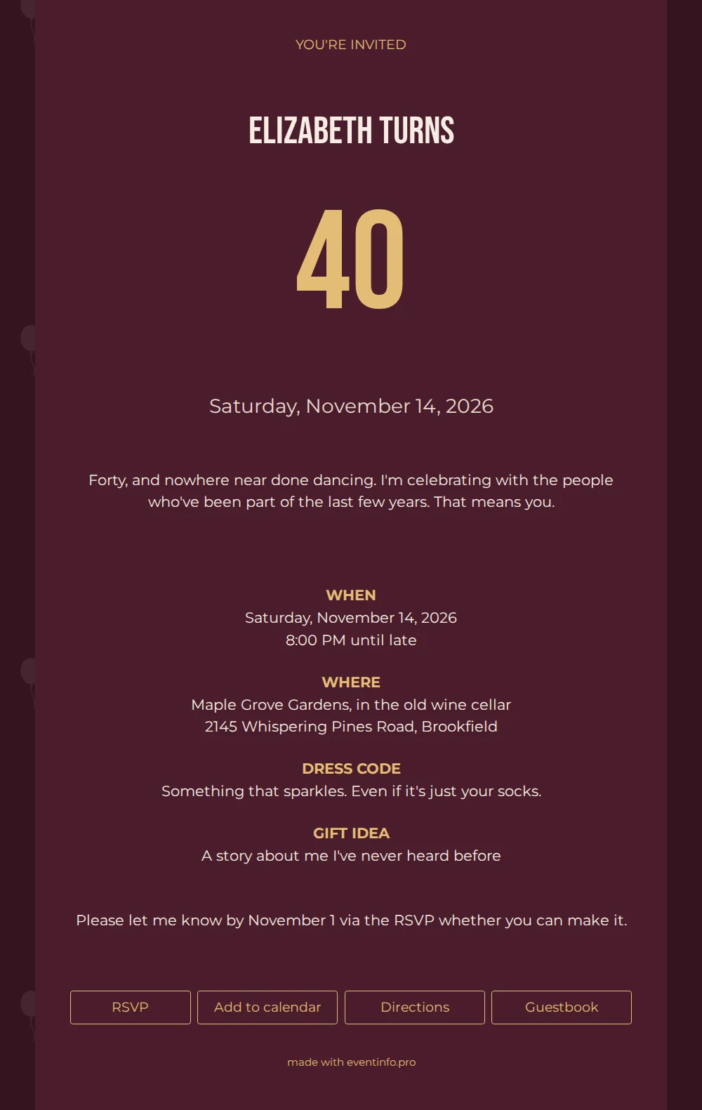 Burgundy birthday invitation with a gold number &ndash; example 1