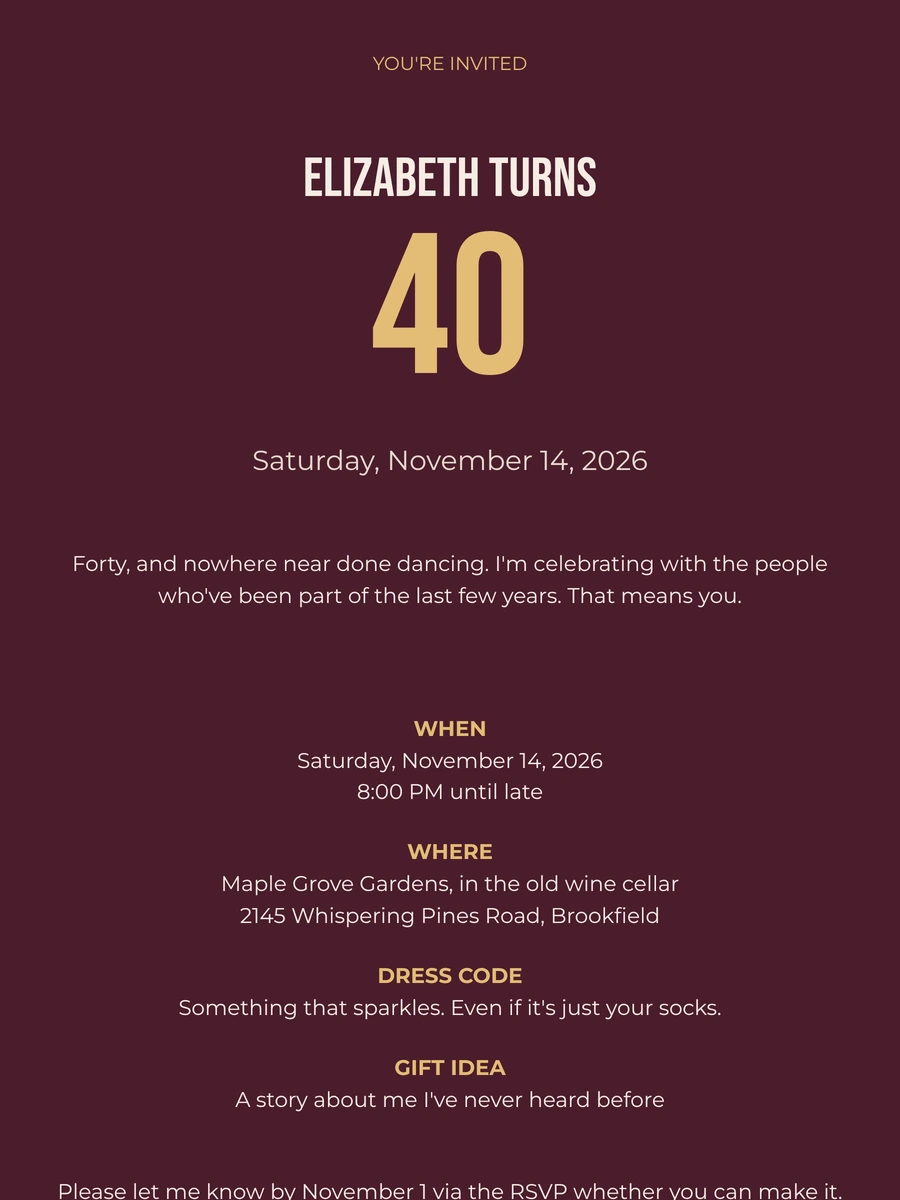 Burgundy birthday invitation with a gold number