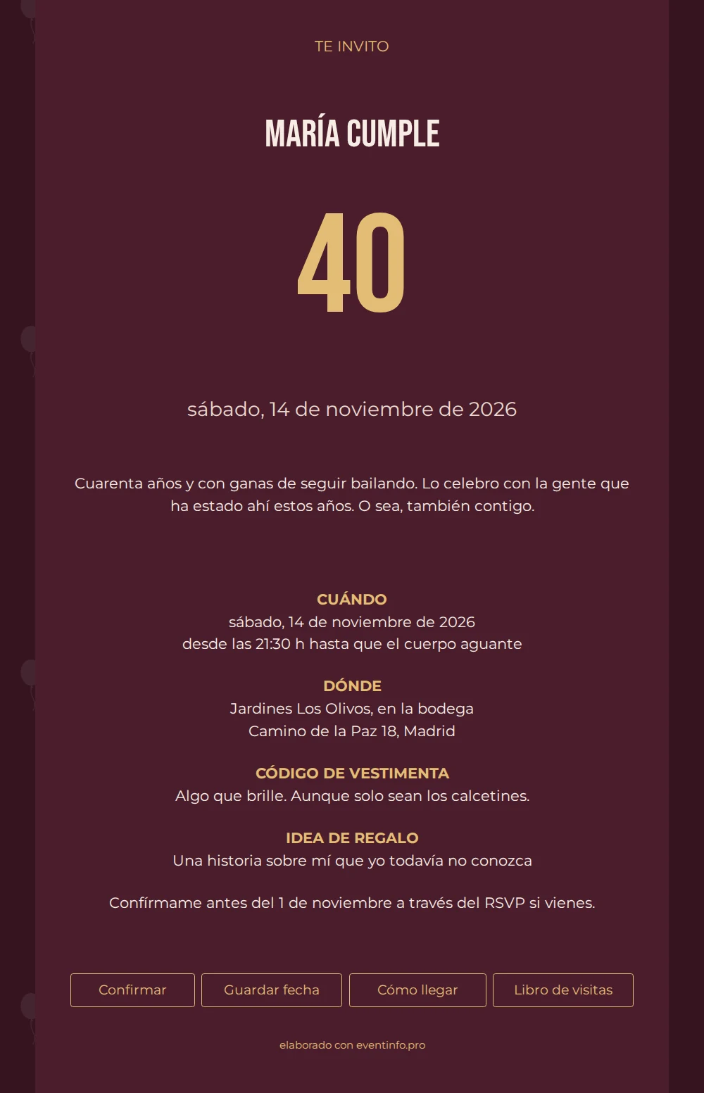 Invitaci&oacute;n de cumplea&ntilde;os burdeos con n&uacute;mero dorado &ndash; example 1