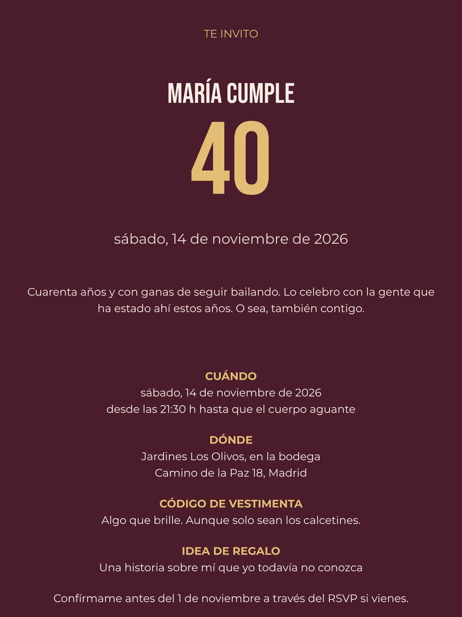 Invitaci&oacute;n de cumplea&ntilde;os burdeos con n&uacute;mero dorado